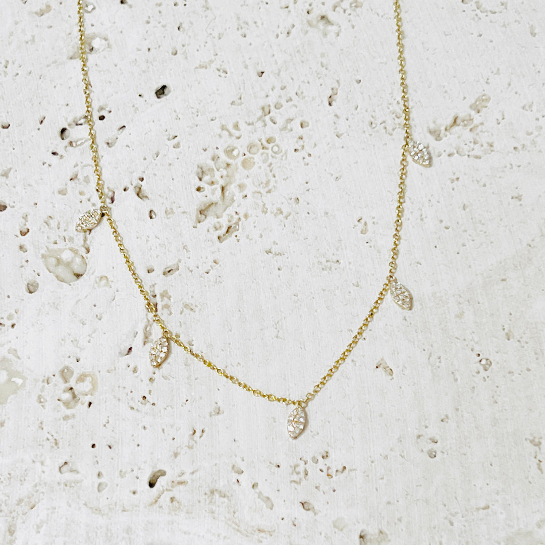 Angelina 14K Pave Diamond Leaf 5 Station Necklace