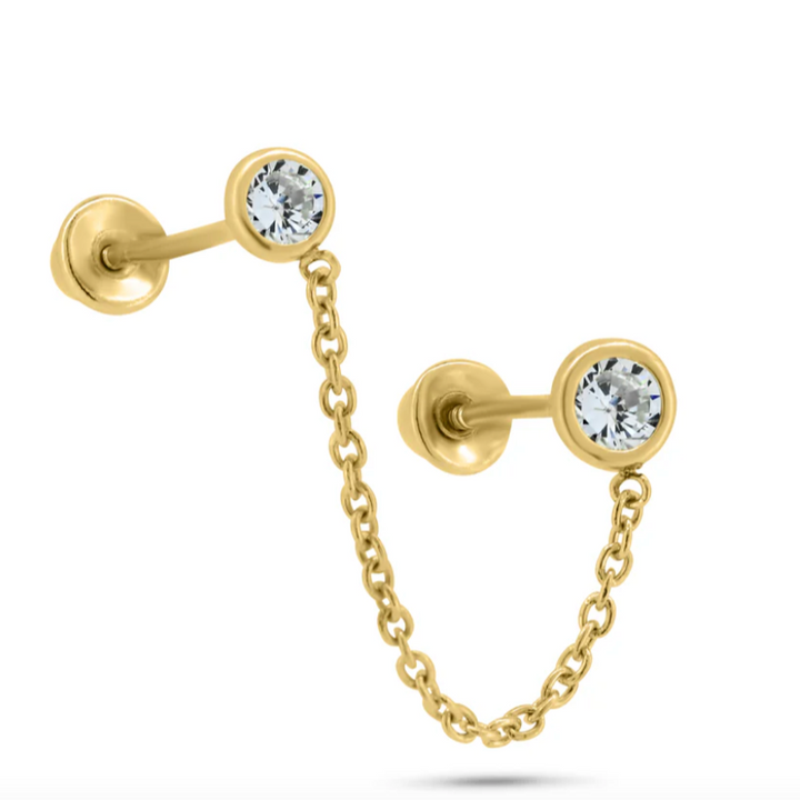 14K Chain Connector Ball Back Earrings