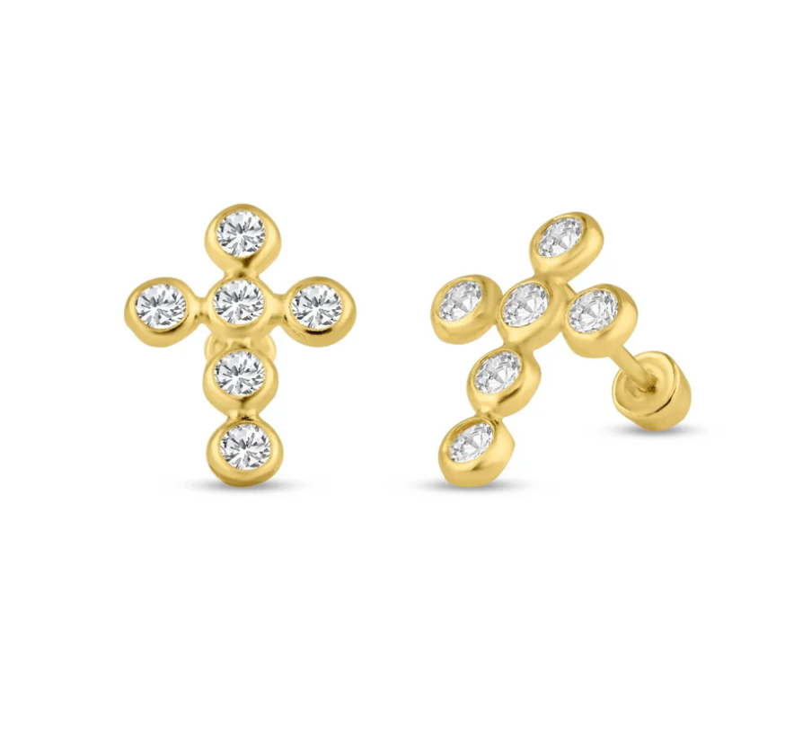14K Cross Ball Back Earrings