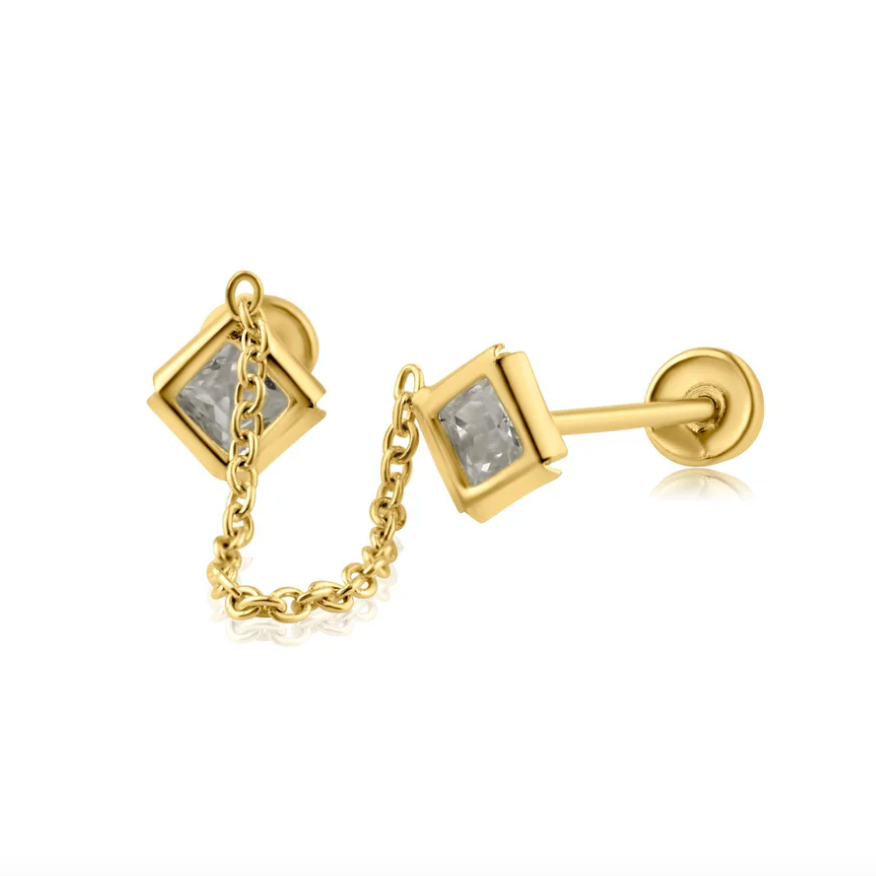 14K Chain Connector Ball Back Earrings
